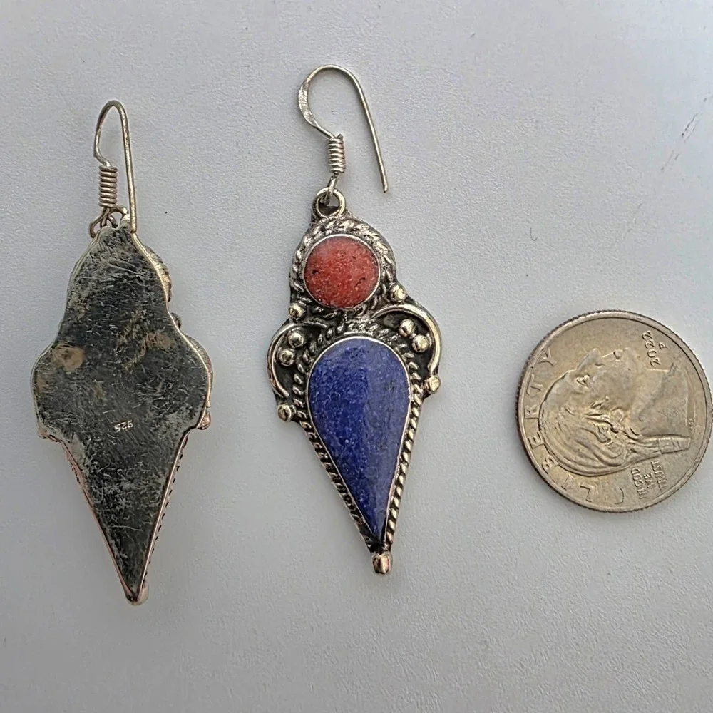 India Tibetan Handmade Dangle Lapis And Coral Gemstone Earrings Boho Ethnic